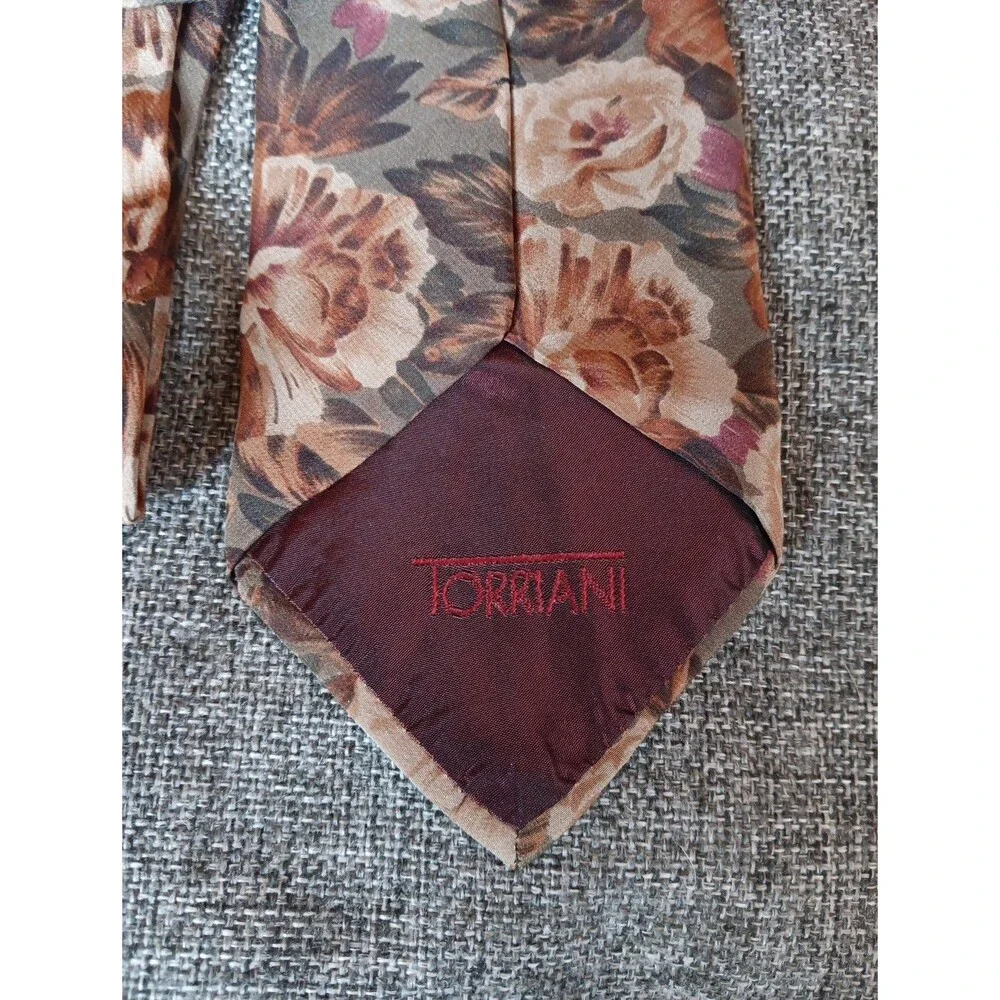 Tie 70s 80s 90s Y2K Mens Torriani Silk Brown Floral 3.75 Wide 58 Long